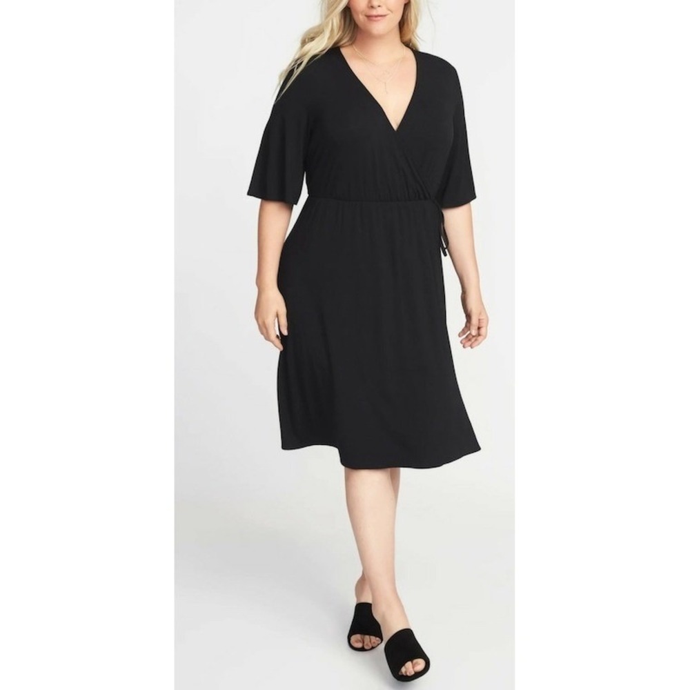 Old Navy Black Wrap Short Sleeve Midi Dress Womens Size 2X Style‎ 305663 Minimal
